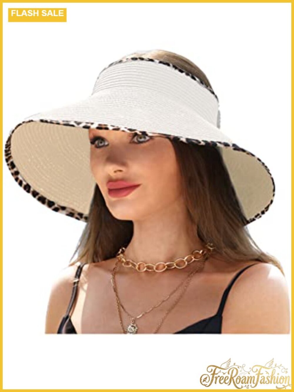Wide Brim Straw Sun Hat UPF 50+ Roll Up Beach Visor Leopard Trim